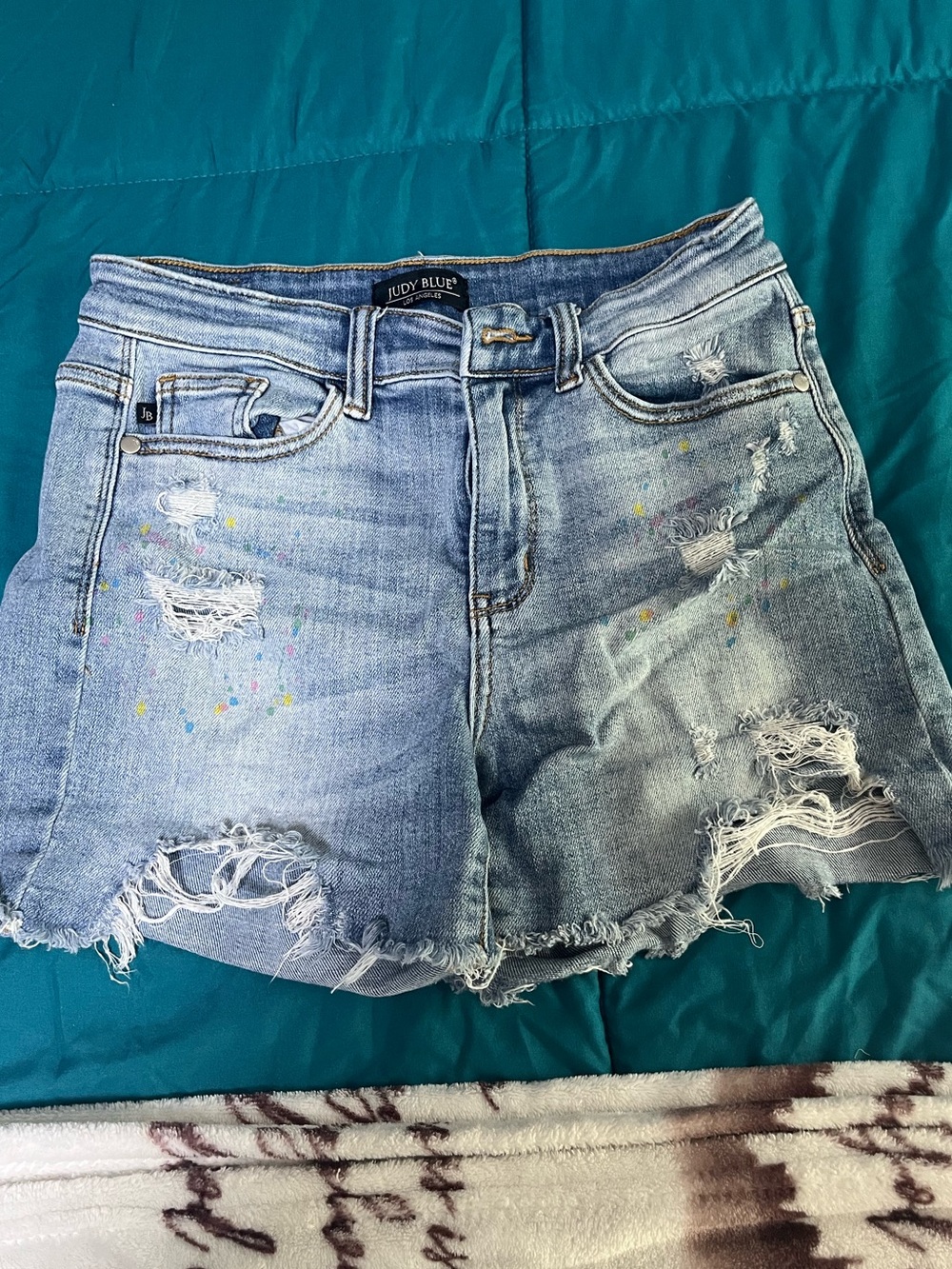 Judy Blue Light Blue Distressed Frayed Denim Shorts with Paint Splatters